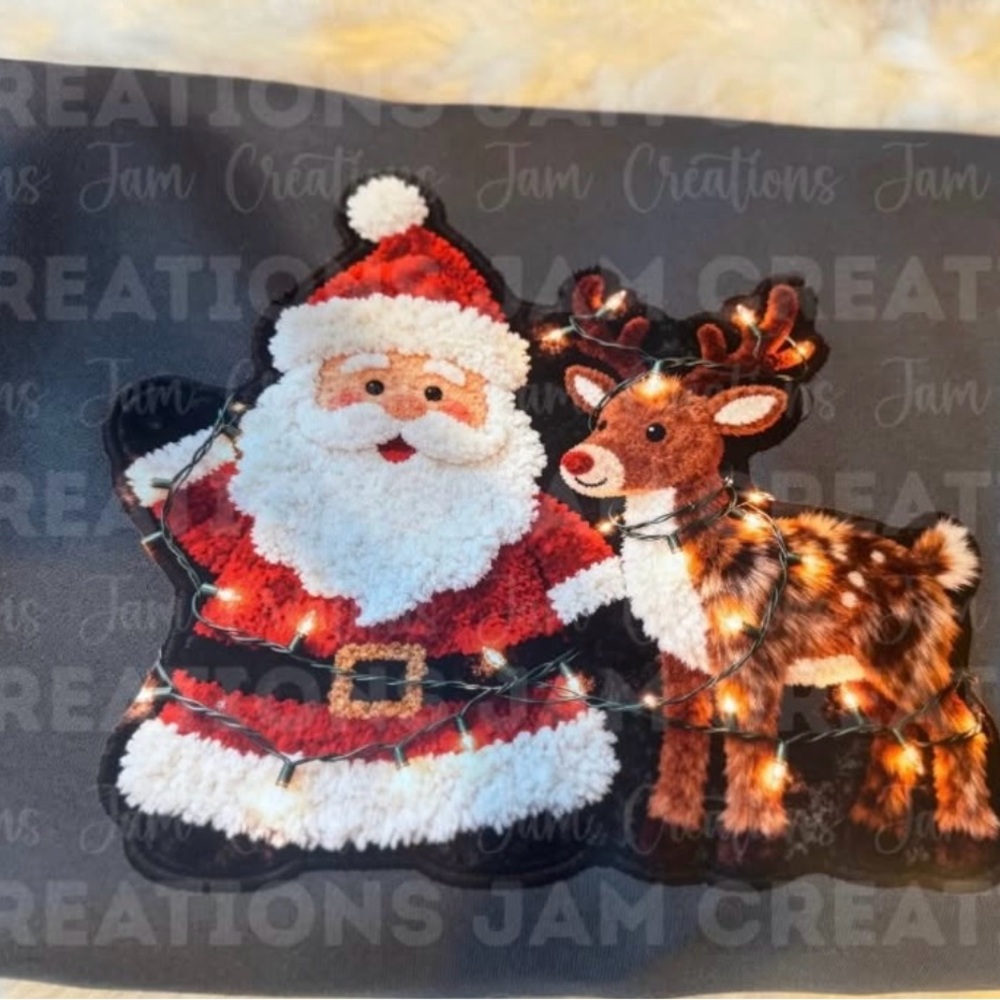 Medium Gildan Unisex Sweatshirt with Santa and Reindeer Design - Red and Brown